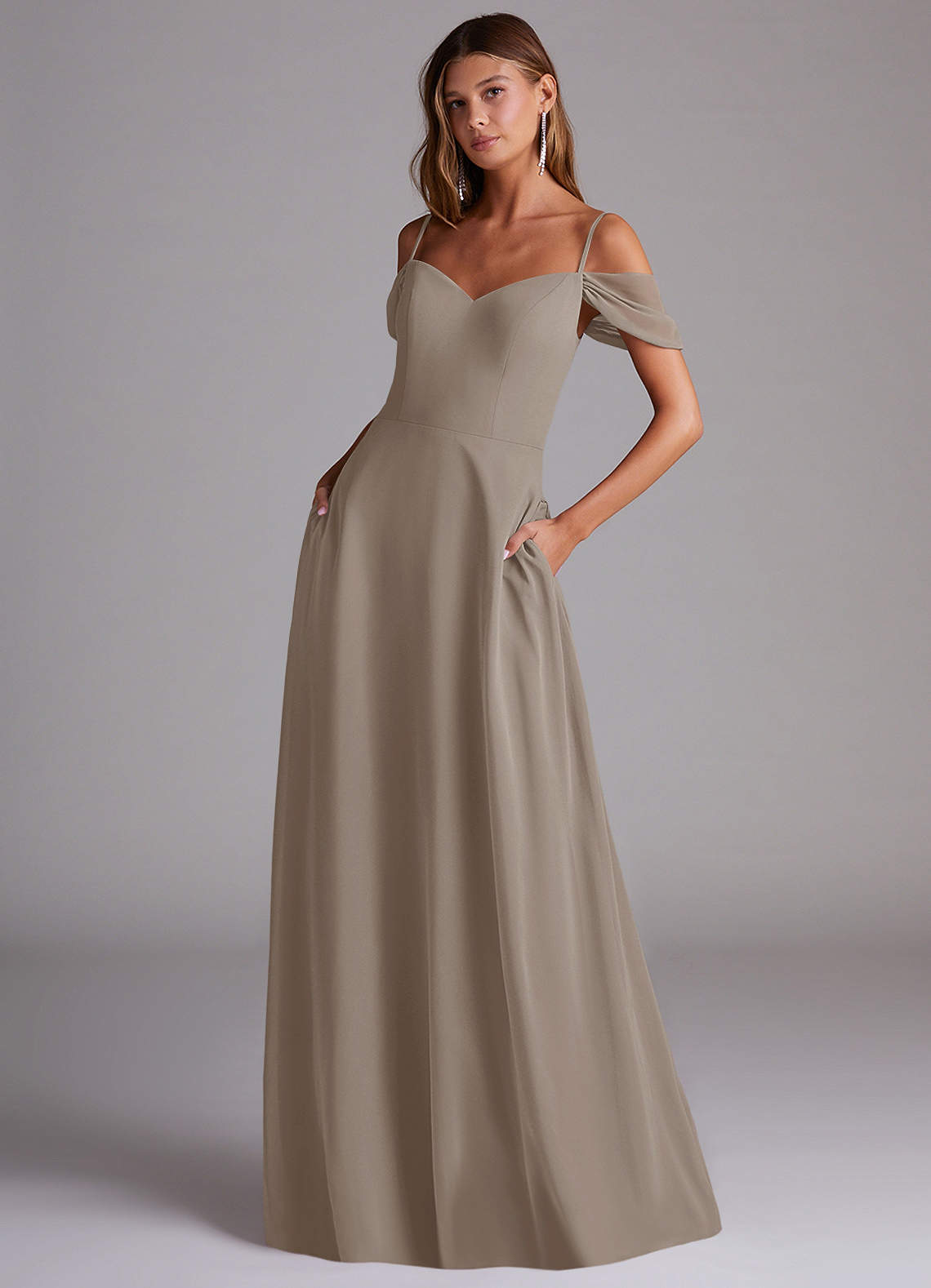 Azazie Marley Bridesmaid Dresses Taupe A-Line Off the Shoulder Chiffon Convertible Dress image1
