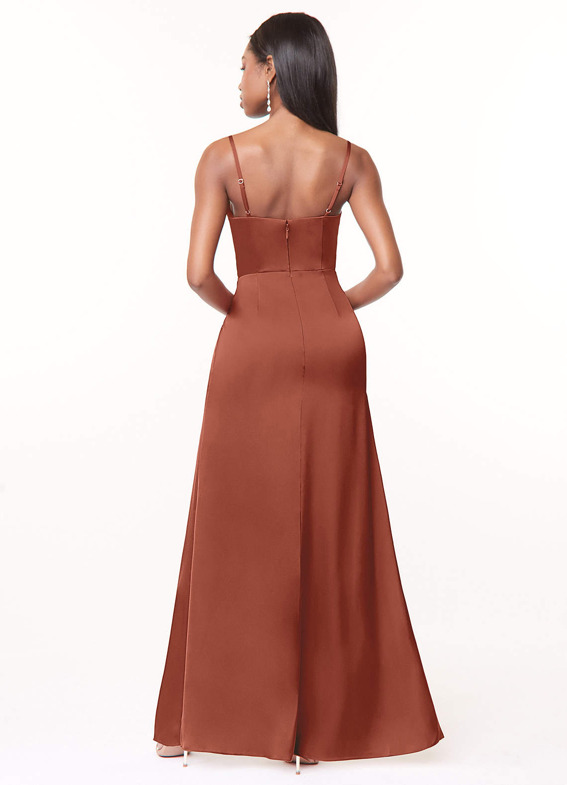 Azazie Maci Bridesmaid Dresses Auburn A-Line V-Neck Pleated Stretch Satin Dress image1