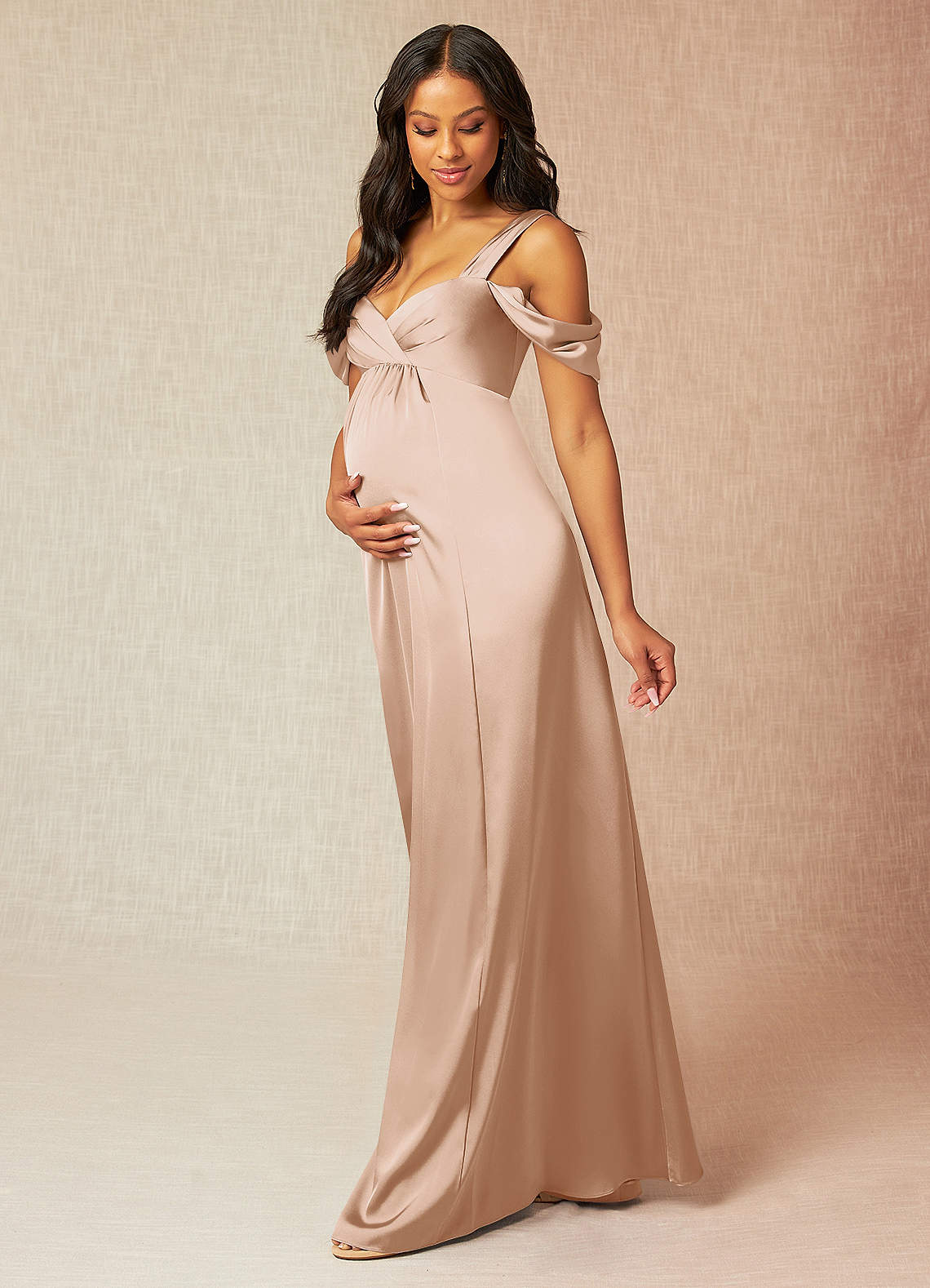 Azazie Rhea Maternity Bridesmaid Dresses A-Line Off-The-Shouler Pleated Stretch Satin Floor-Length Dress image2