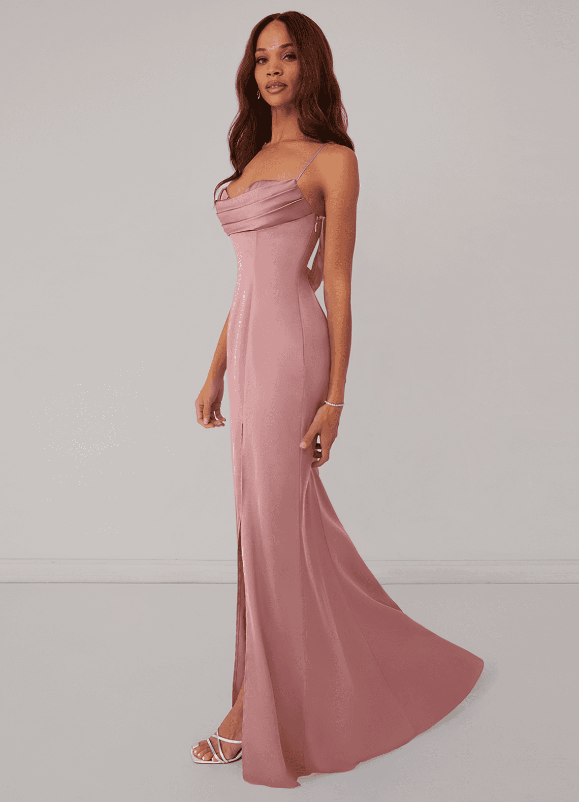 Barbie ♥ Azazie Vestidos de damas de honor Vestido de Rosa Polvorienta de Satén Elástico de Corte Sirena con Corsé image3
