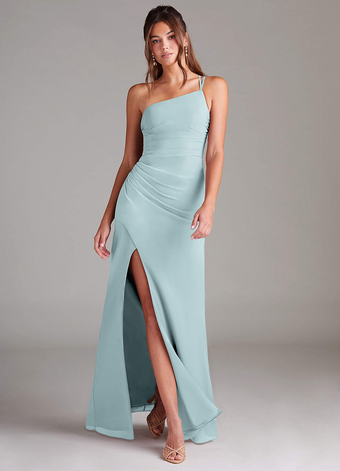 Azazie Eren Bridesmaid Dresses Mist Sheath One Shoulder Chiffon Dress image1