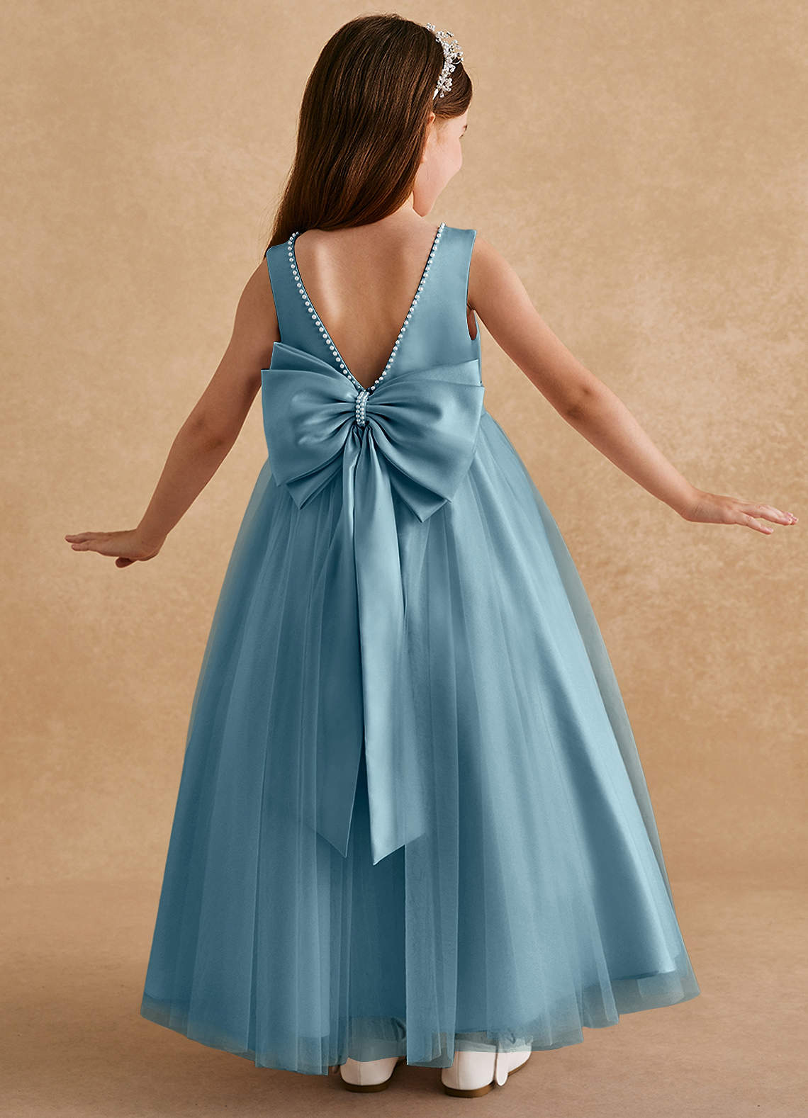 Azazie Cookie Blumenmädchenkleider A-Linie Schleifen Tüll Kleid Stimmungsvolles Blau image1