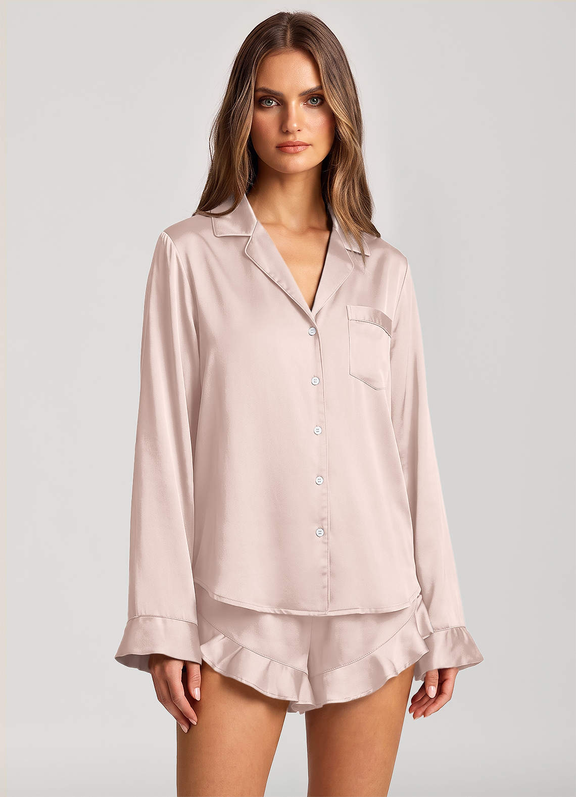 front Ruffled Satin Long Sleeve Shorts Pajama Set