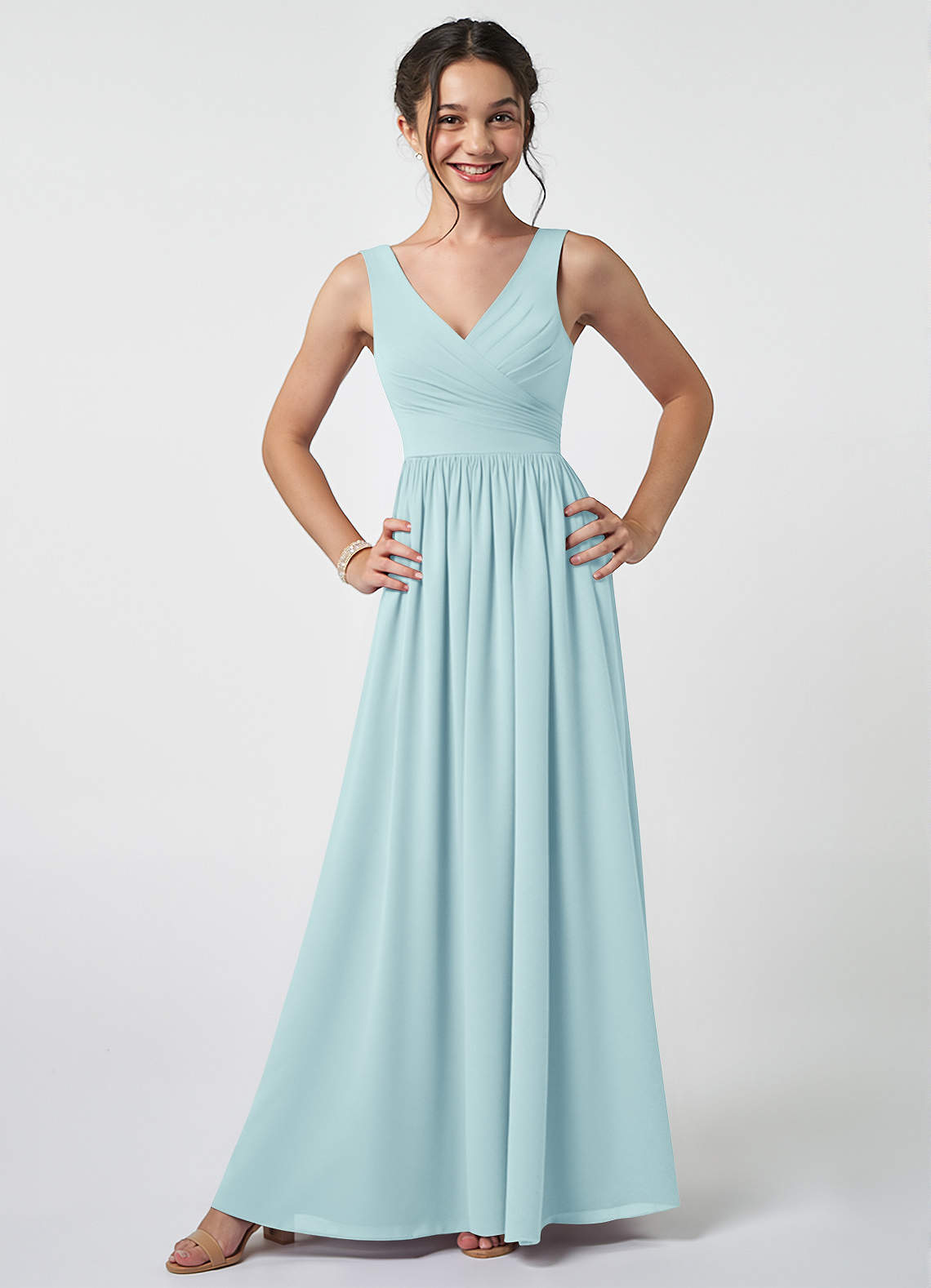 Azazie Keyla Junior Abito A-Line in Chiffon Plissettato Sea Glass image1