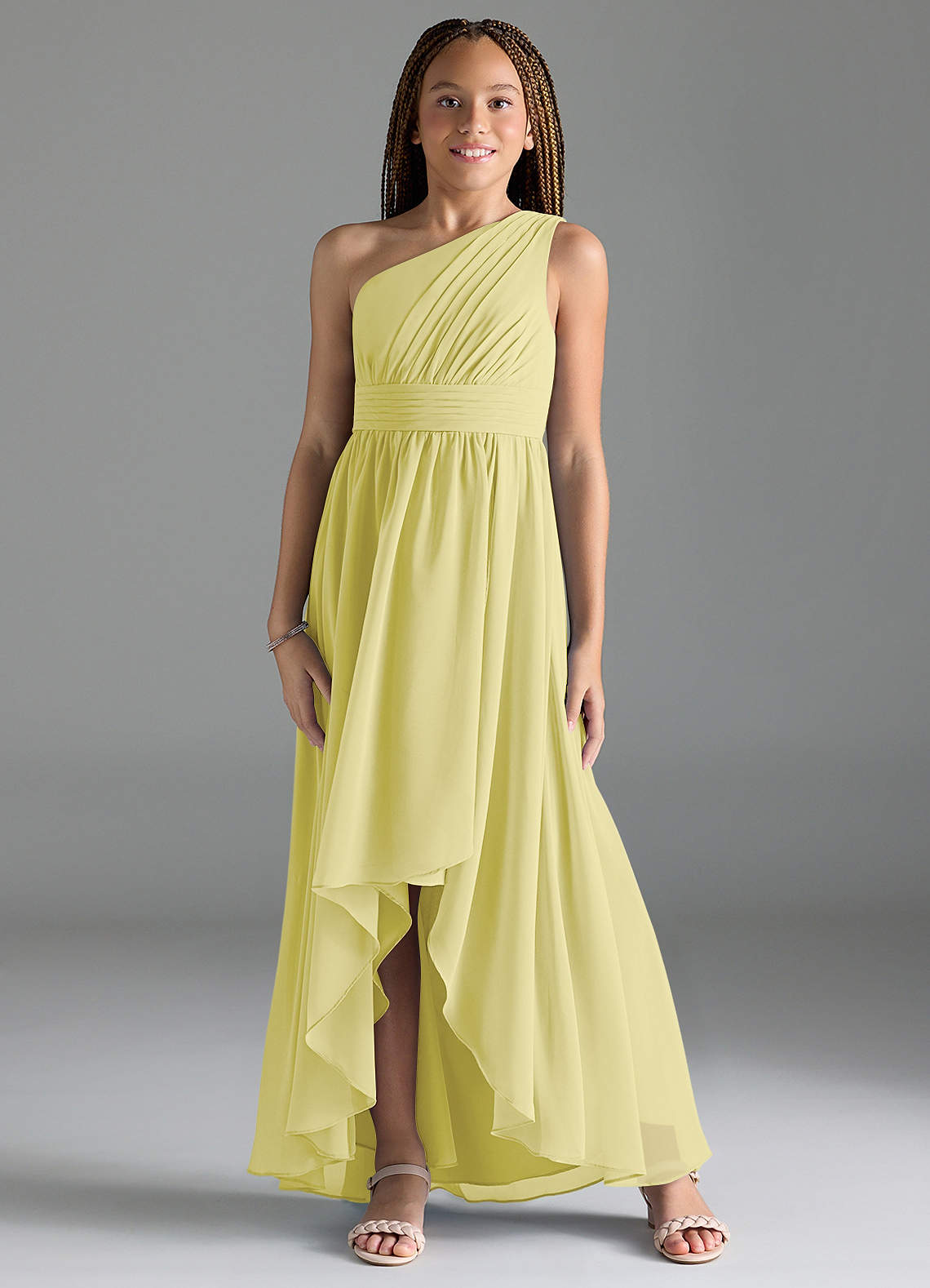 Azazie Mathilda Junior Robe Trapèze en Mousseline de soie Plissée Sorbet Citron image1
