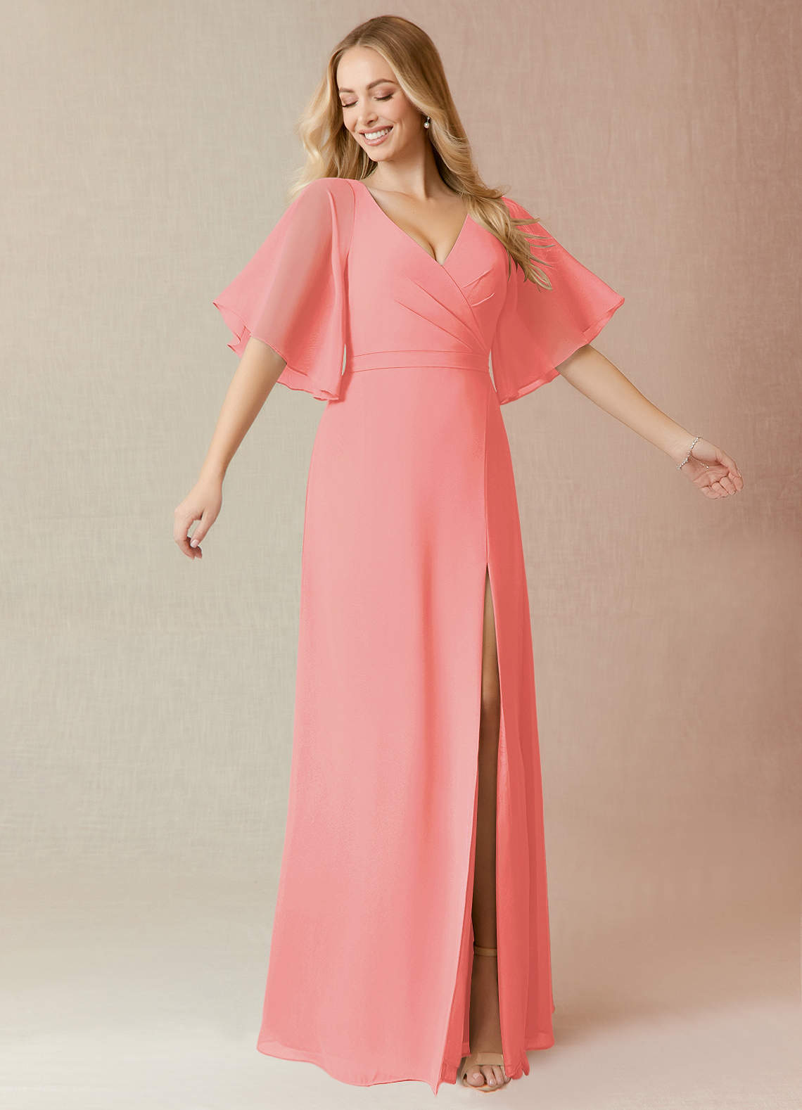 Azazie Cierra Bridesmaid Dresses Coral A-Line V-Neck Chiffon Dress image1