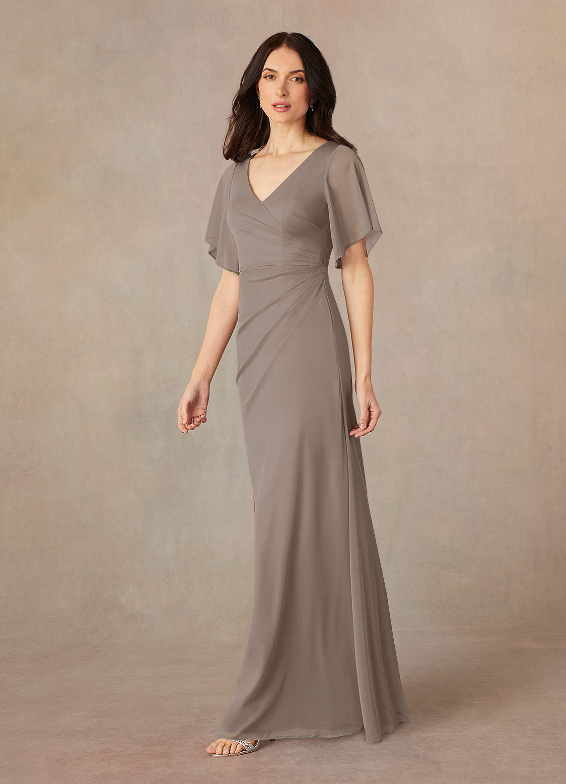 Azazie Selah Taupe A-Line V-Neck ruched Mesh Dress Ready to Ship | Azazie Azazie Selah Taupe A-Line V-Neck ruched Mesh Dress Ready to Ship | Azazie