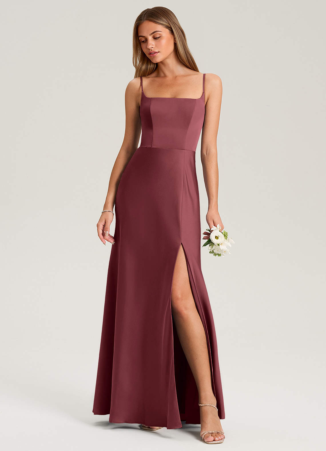 Azazie Lidia Bridesmaid Dresses Merlot Mermaid Side Slit Stretch Satin Dress image1