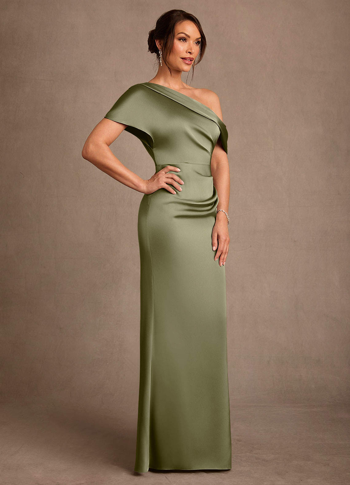 Azazie Rutha Mother of the Bride Dresses Pistachio Sheath One Shoulder Stretch Satin Dress image2
