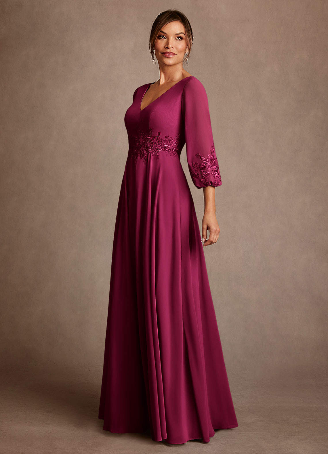 lace sleeve burgundy dress Azazie Yorba A-Line Chiffon High neck