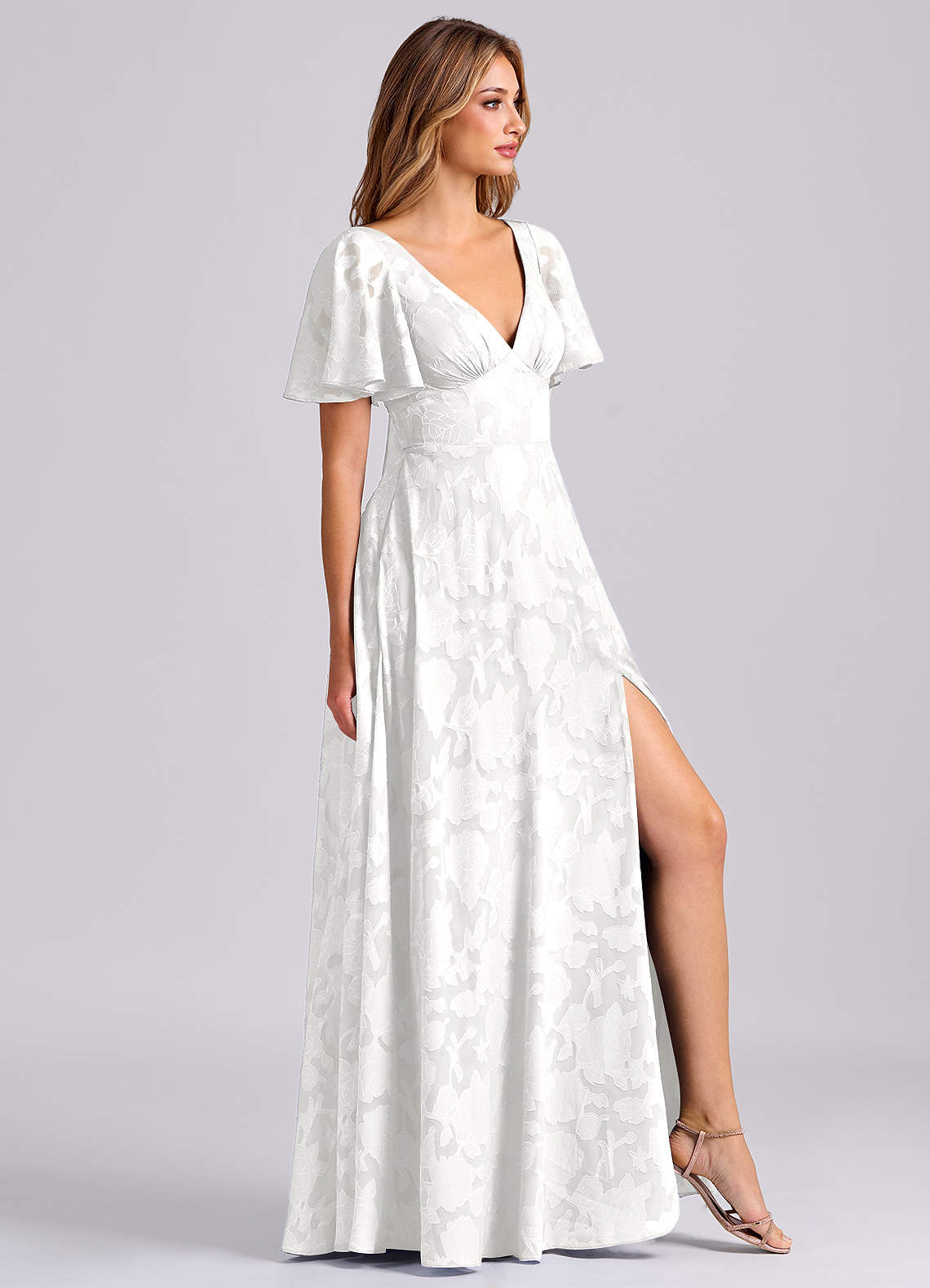 Azazie Kimber Bridesmaid Dresses White A-Line with Pockets Floral Burnout Dress image3
