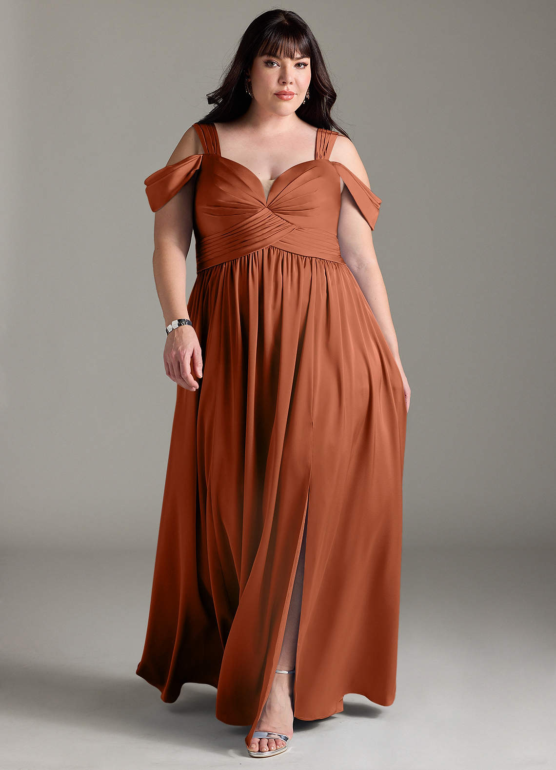 Azazie Lianne Bridesmaid Dresses Cedar Rose A-Line Off the Shoulder Stretch Satin Dress image1