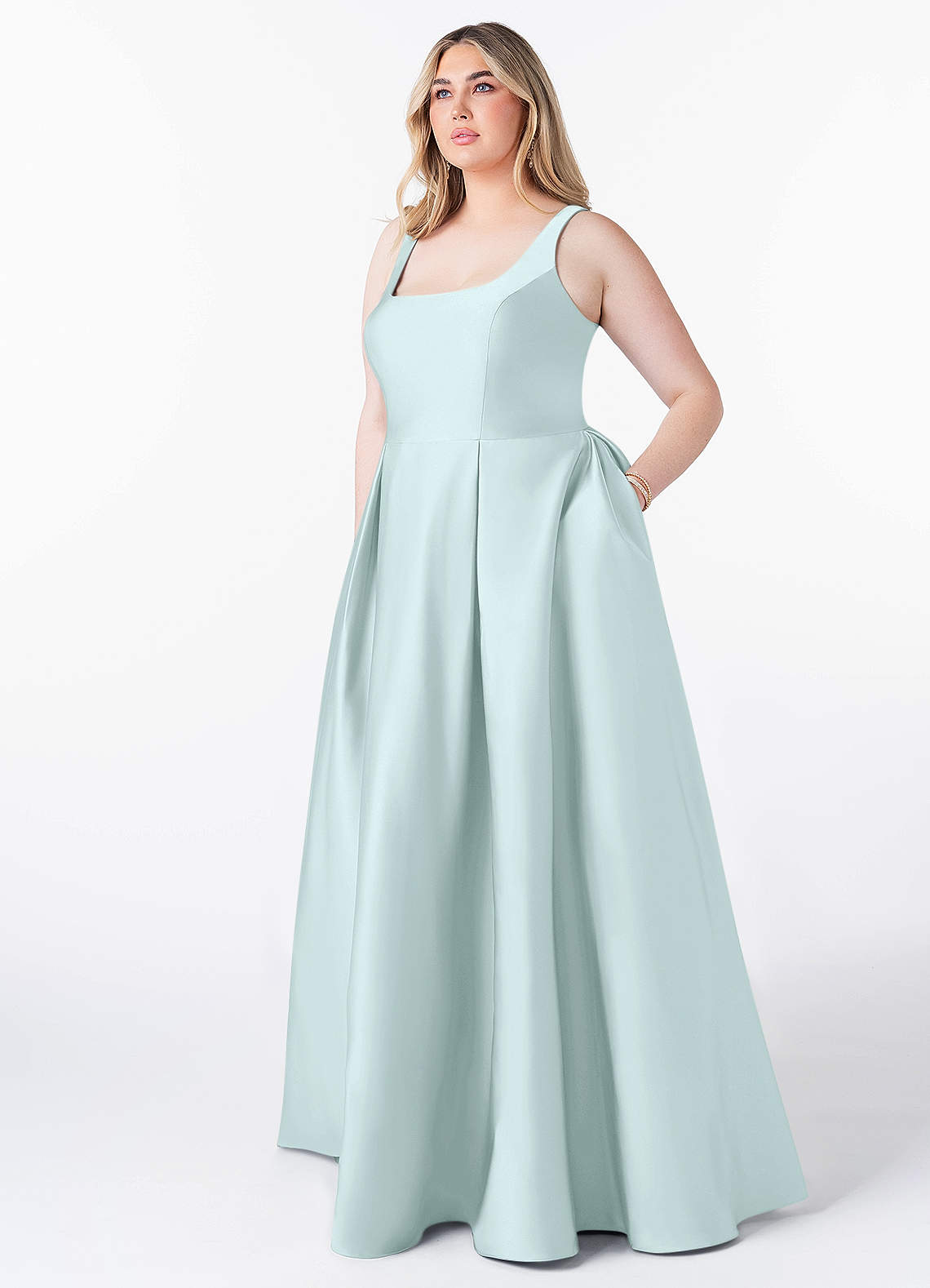 Azazie Neve Bridesmaid Dresses Sea Glass Ball-Gown with Pockets Stretch Satin Dress image1