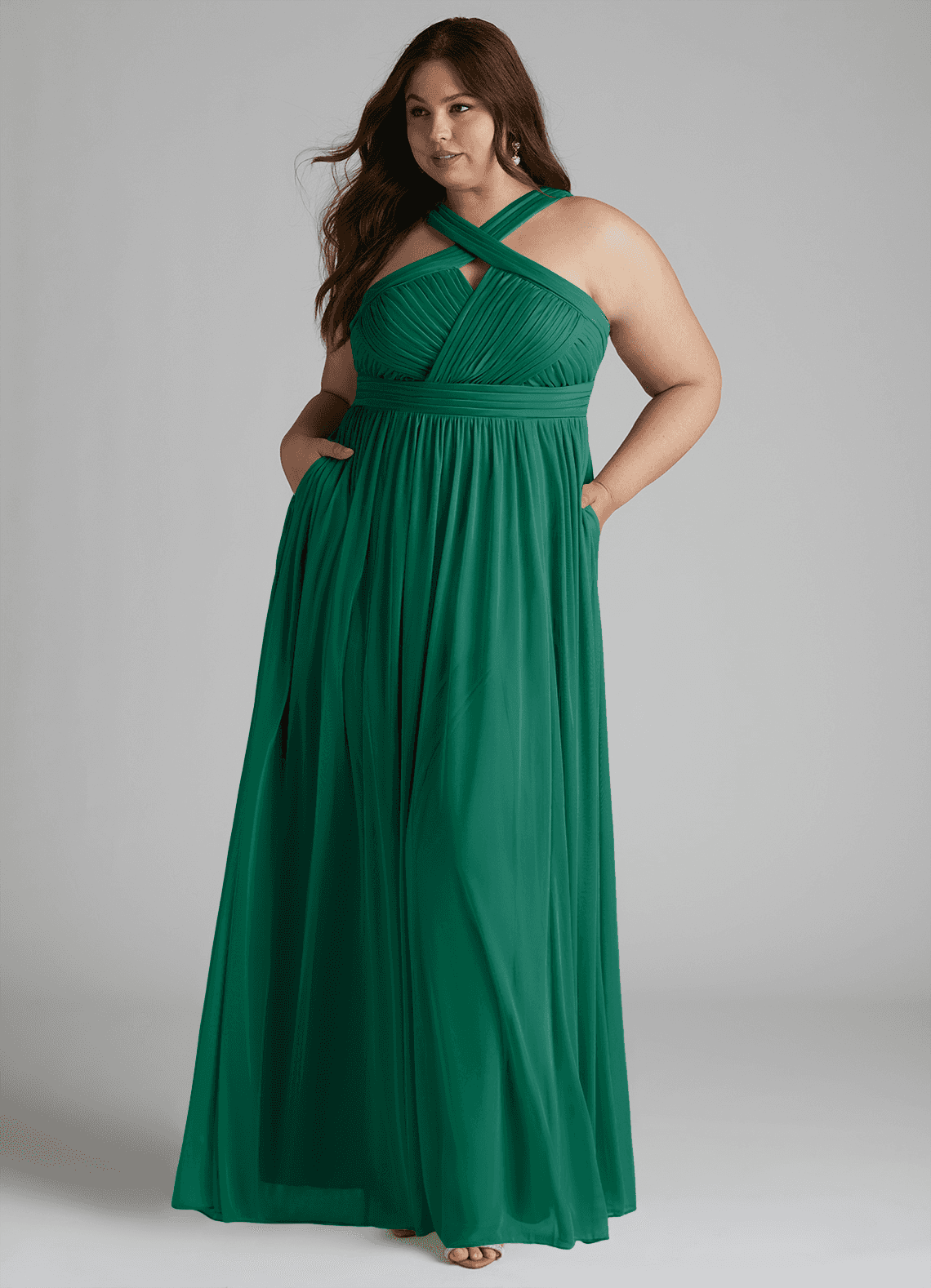 Azazie Hillian Bridesmaid Dresses Emerald A-Line Halter Pleated Mesh Dress image1