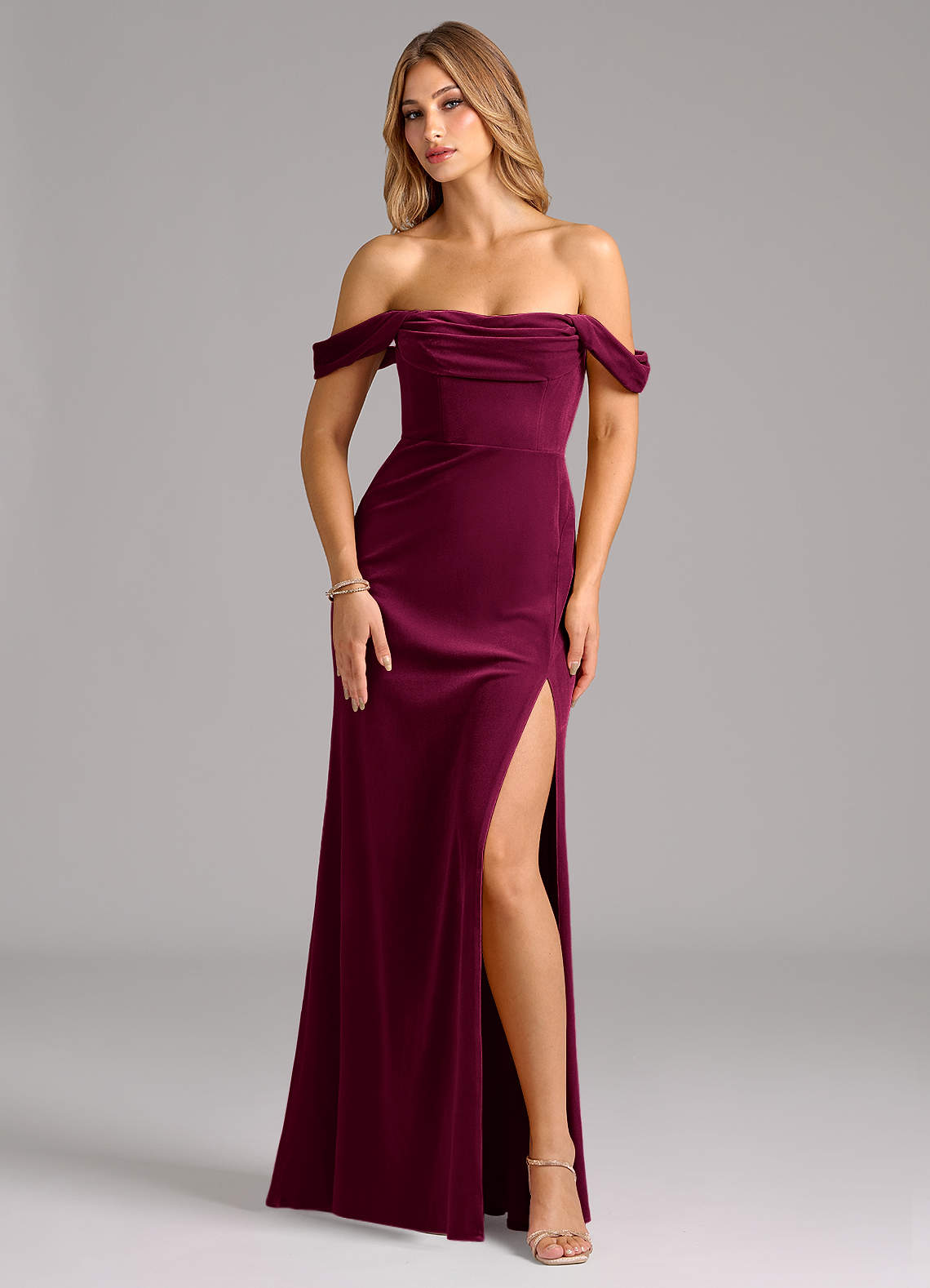 Azazie Saige Bridesmaid Dresses Cabernet Sheath Off the Shoulder Velvet Convertible Dress image1