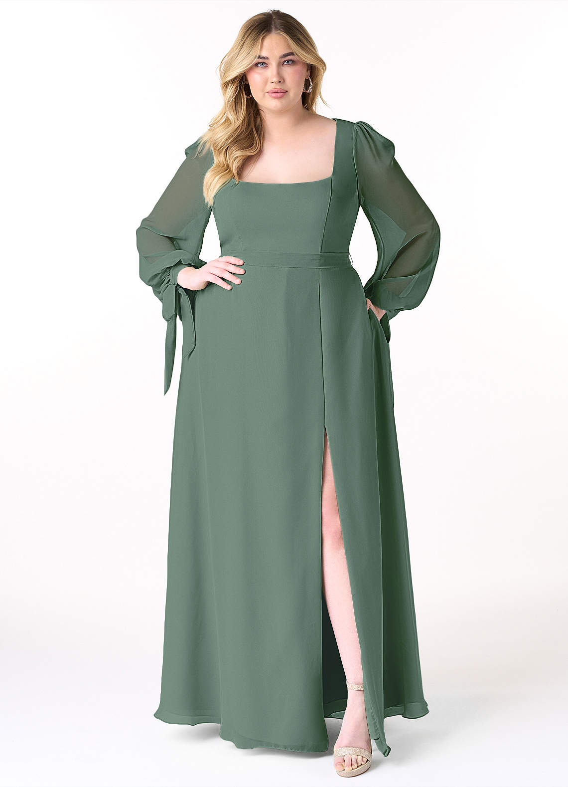 Azazie Leonia Bridesmaid Dresses Eucalyptus A-Line Long Sleeve Chiffon Dress image10