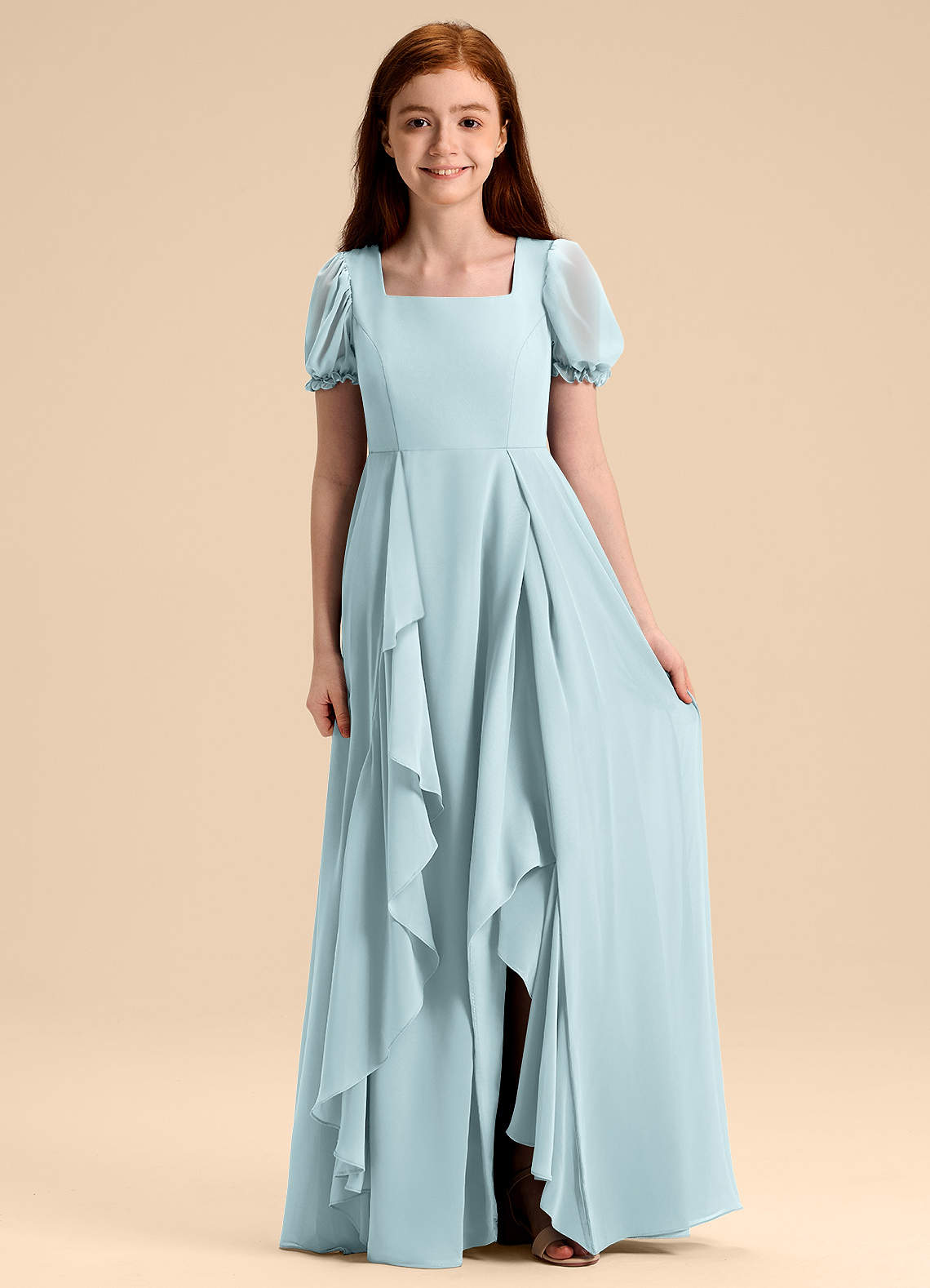 Azazie Priya Junior Mist A-Line Blouson Chiffon Dress image1