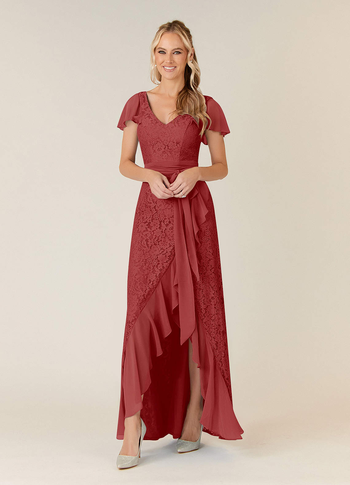 Azazie Knox Mère de la mariée Robes Robe Trapèze en Mousseline de soie Col en V Rouille image1
