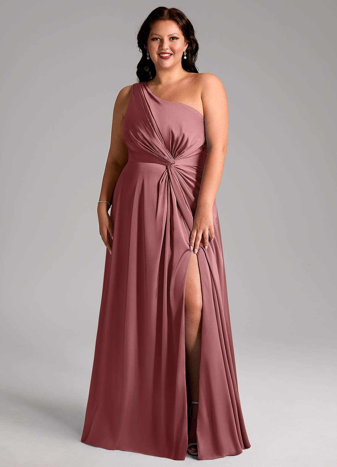 Azazie Brooke Bridesmaid Dresses Amethyst A-Line One Shoulder Stretch Satin Dress image1