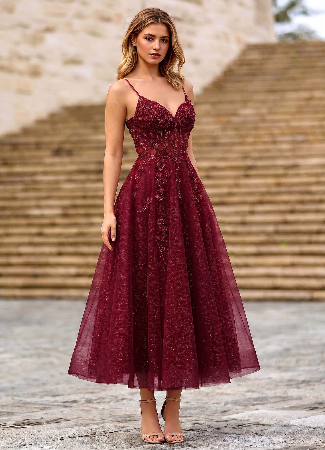 how to accessorize a burgundy lace dress Clementinia Sequin Corset Lace-Up Tulle Midi Tulle A-Line Low V-Neck YGroup_ Color:Customize out adds a modern