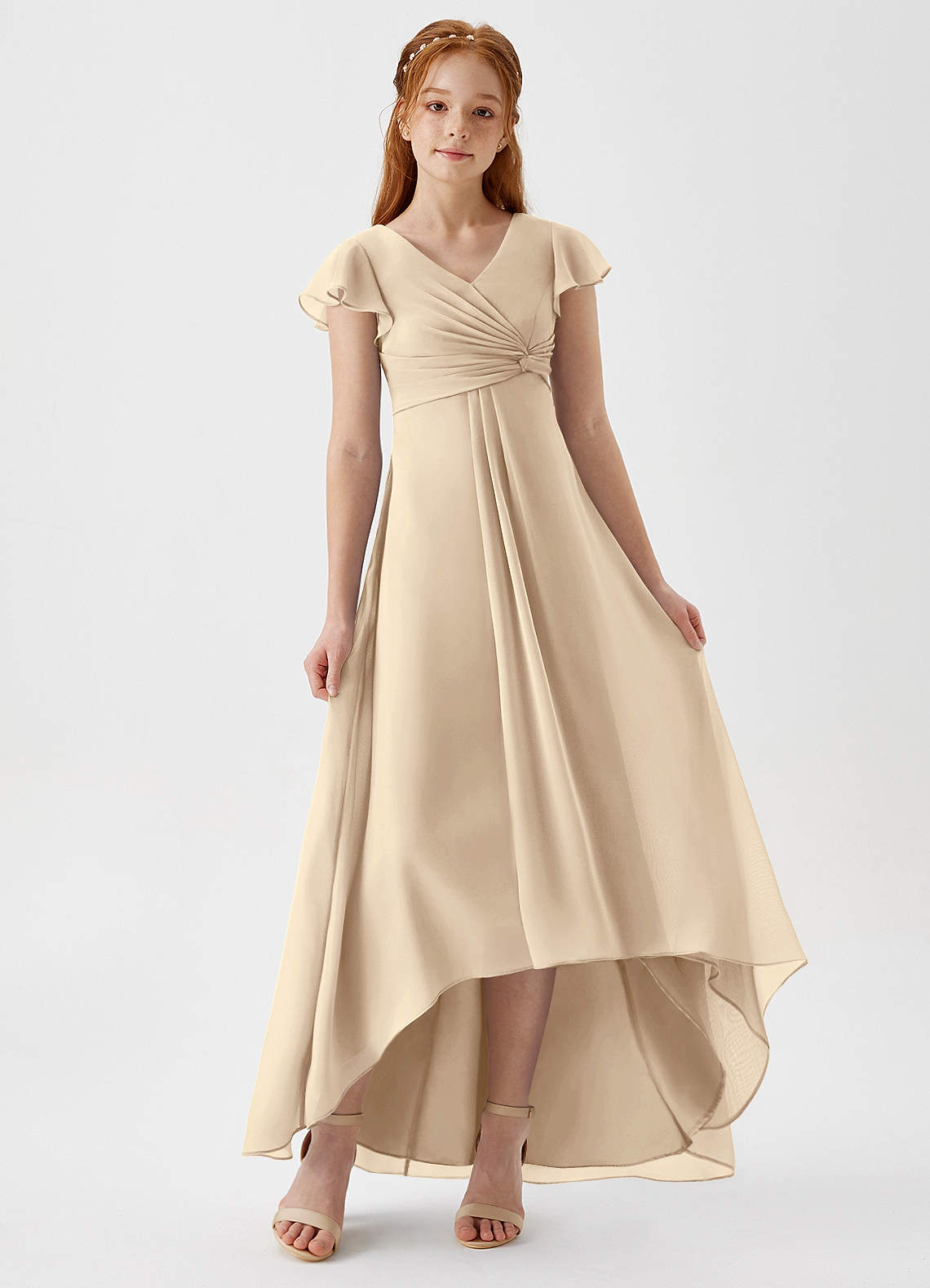 champagne junior bridesmaid dresses uk Flowy A-Line Halter Ruched Floor Length Chiffon Junior Bridesmaid Dres main image 1