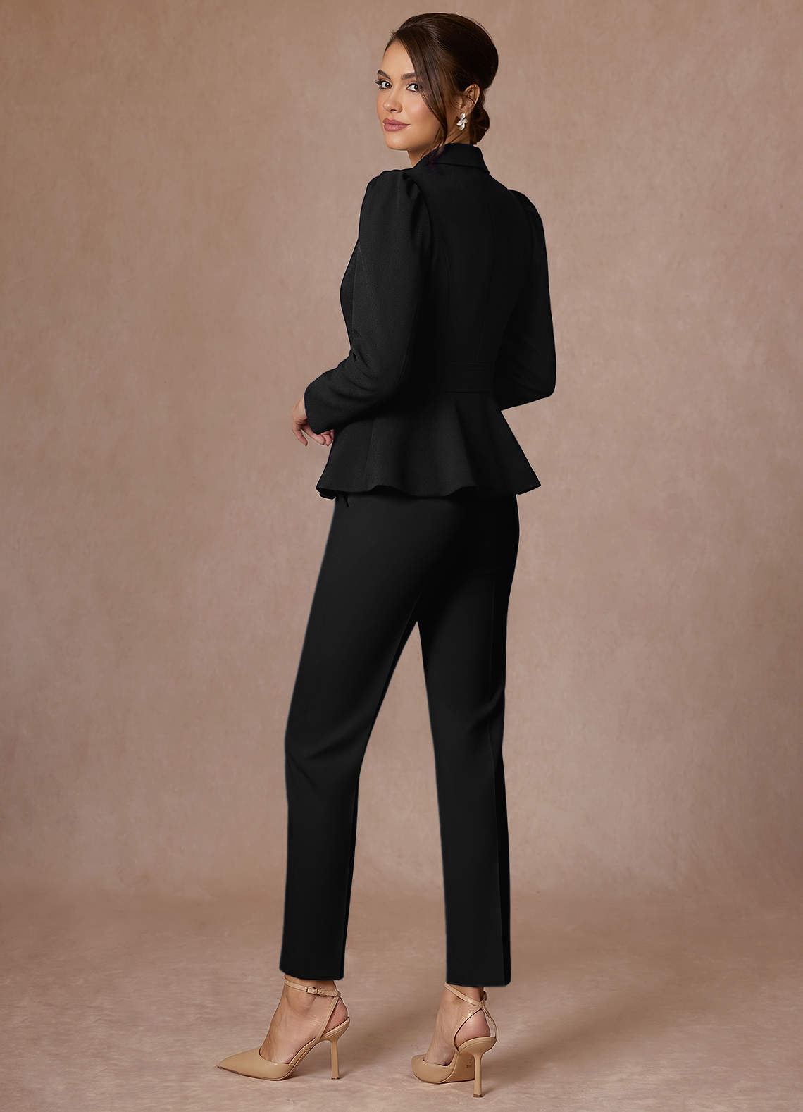 front Amara Black Refined Weave Tailored Peplum Blazer