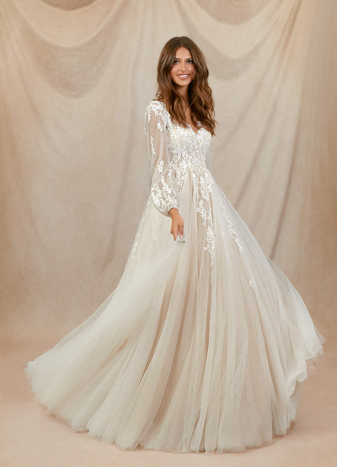 Azazie Anadia Wedding Dresses Diamond White Nude A-Line V-Neck Tulle Dress image1