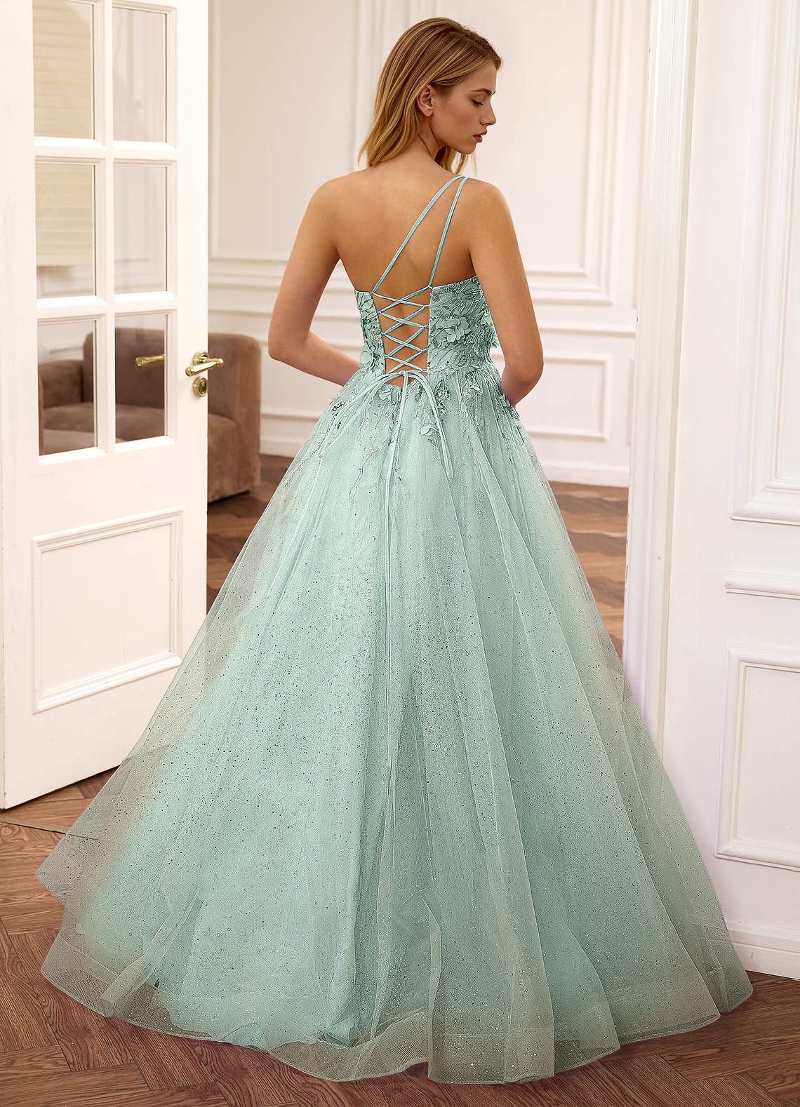 Felicite Light Green Floral A-line Tulle Sequin One Shoulder Glitter Prom Dress Ready to Ship