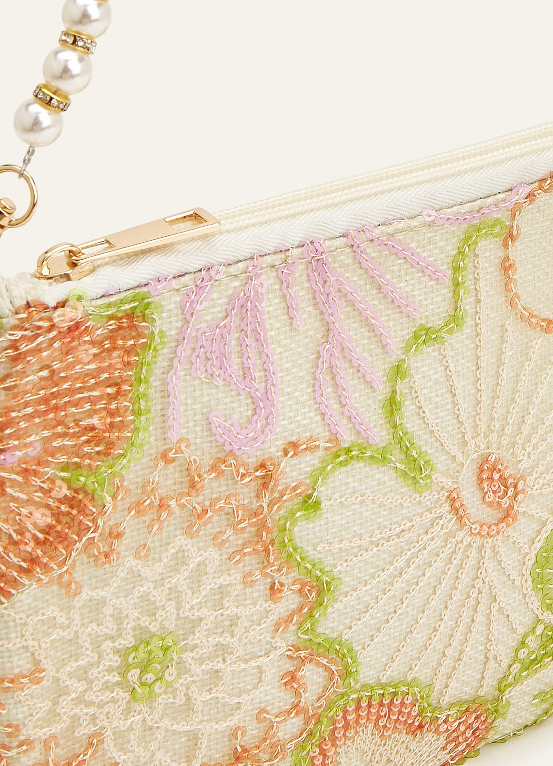 front Sequin Embroidered Floral Pearl Strap Shoulder Bag