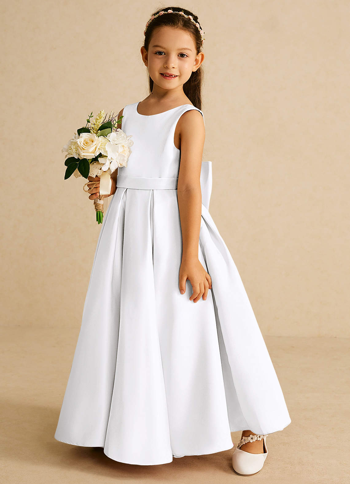 Azazie Pipsy Flower Girl Dresses White A-Line Bow Matte Satin Dress image1