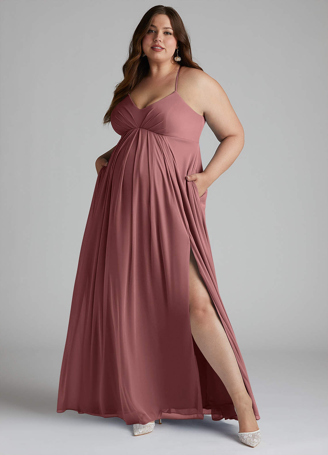 Azazie Annabelle Maternity Bridesmaid Dresses A-Line V-Neck Pleated Mesh Floor-Length Dress image8