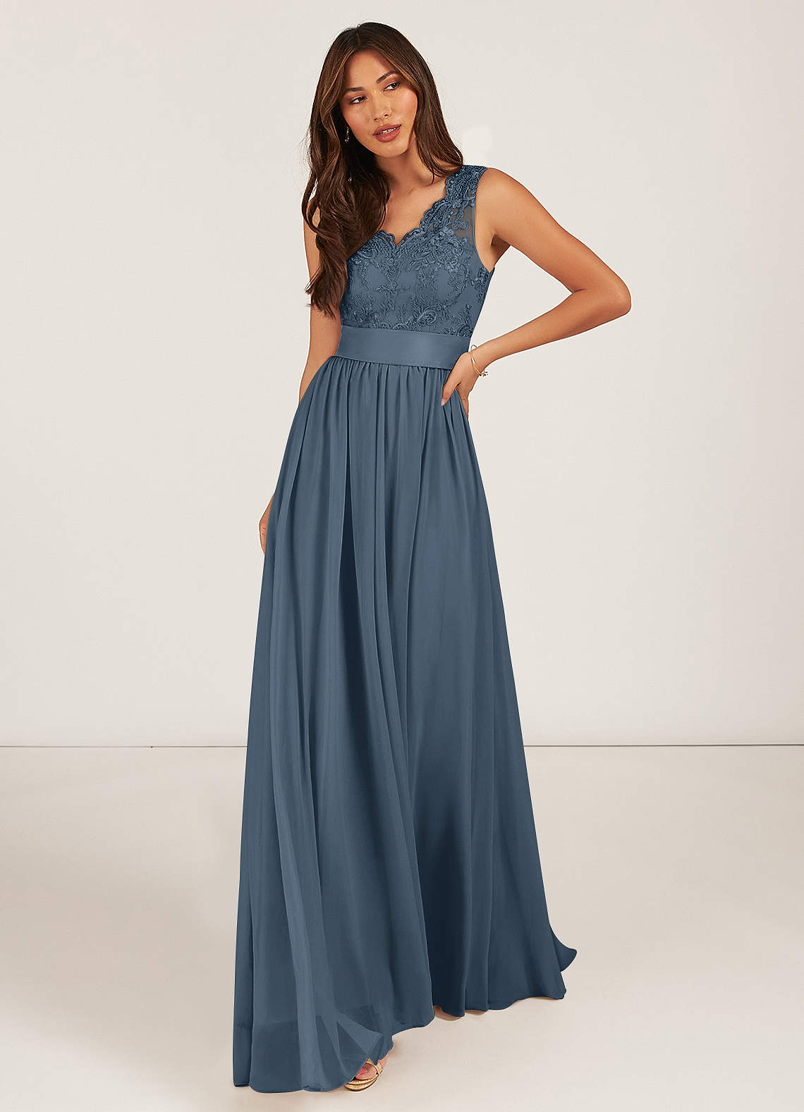 Azazie Gertrude Bridesmaid Dresses Neptune A-Line Lace Chiffon Dress image1