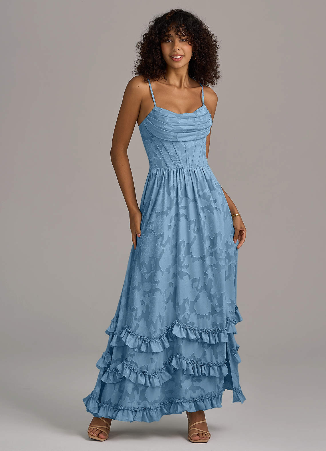 Azazie Lettie Bridesmaid Dresses Steel Blue A-Line Corset Floral Burnout Dress image1