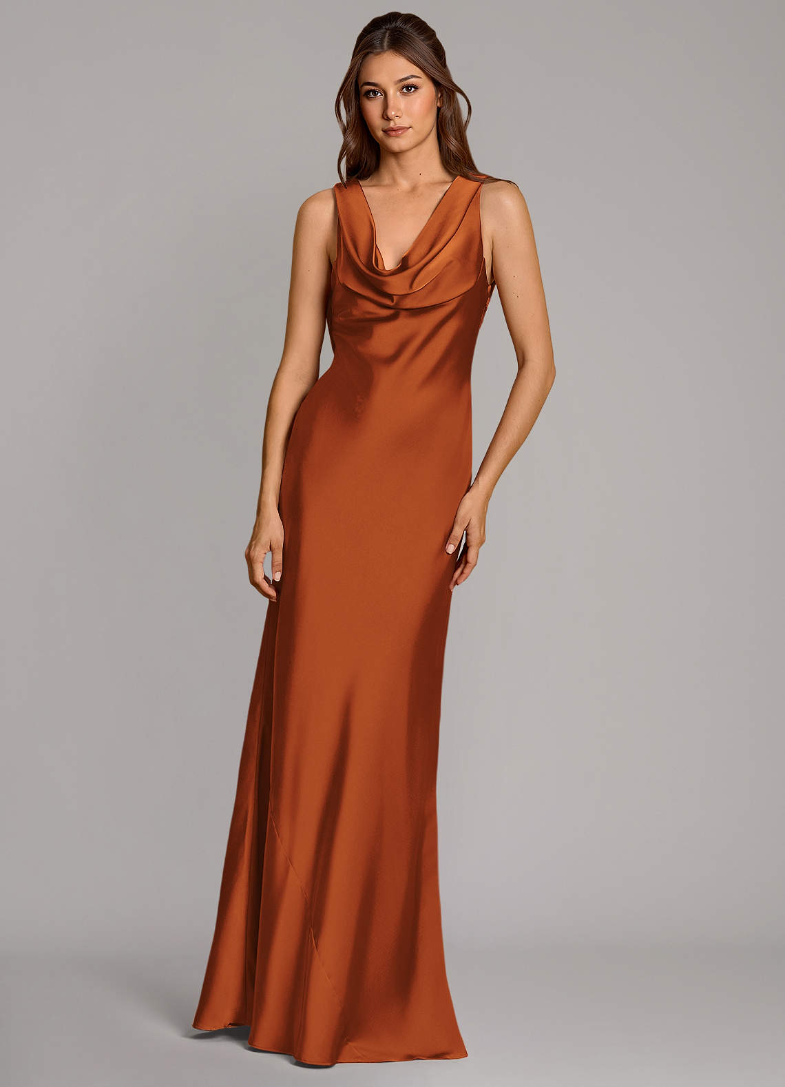Azazie Cheryl Vestidos de damas de honor Vestido de Canela de Satén Elástico de Corte Sirena image3