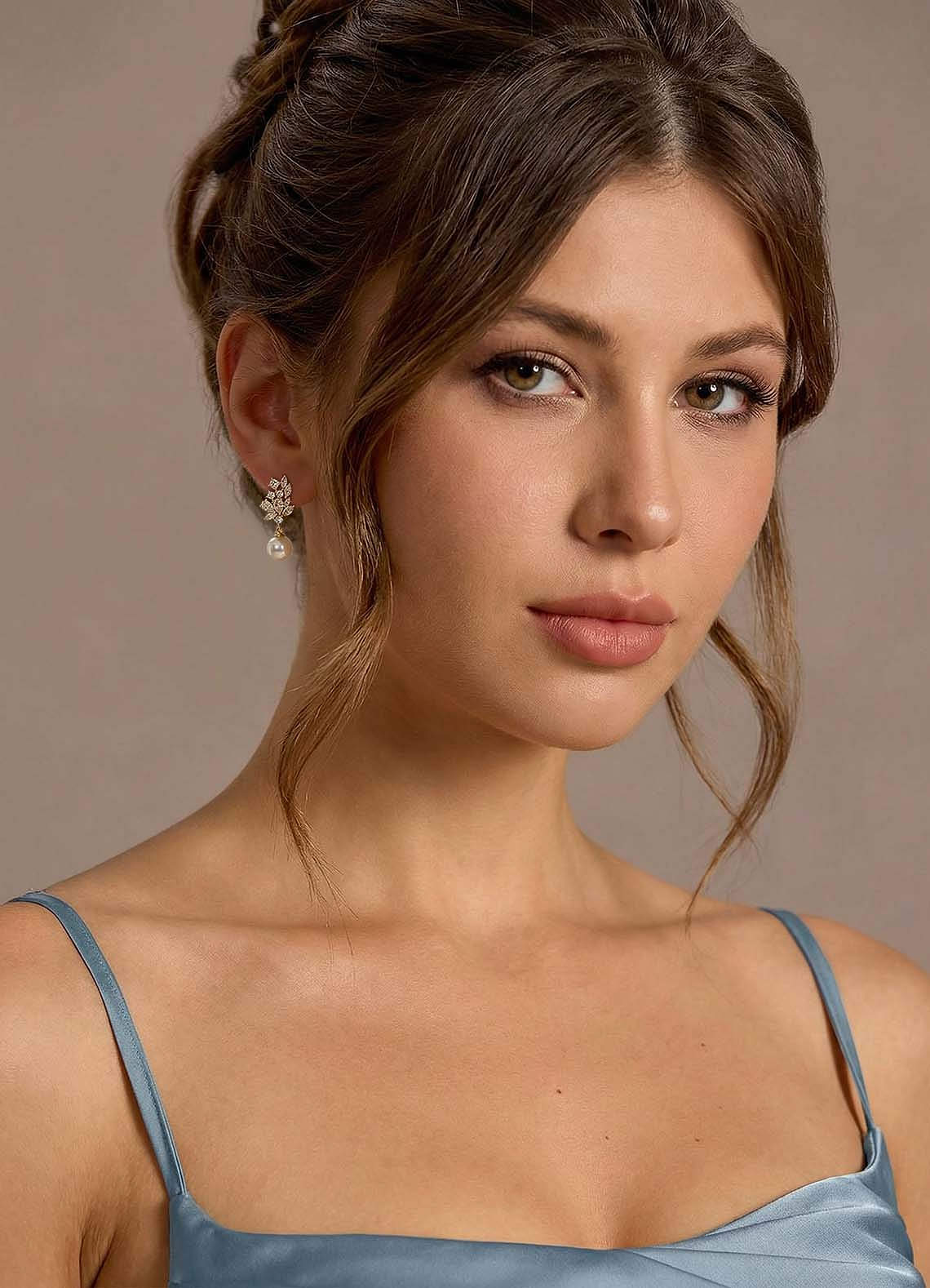 front Crystal Foliage and Pearl Dangle Earrings