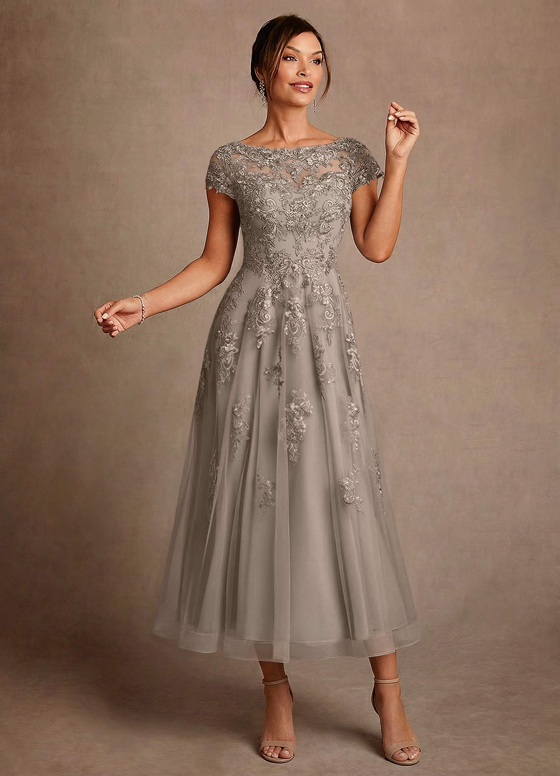 Azazie Jolanda Mother of the Bride Dresses Taupe A-Line Lace Dress image2