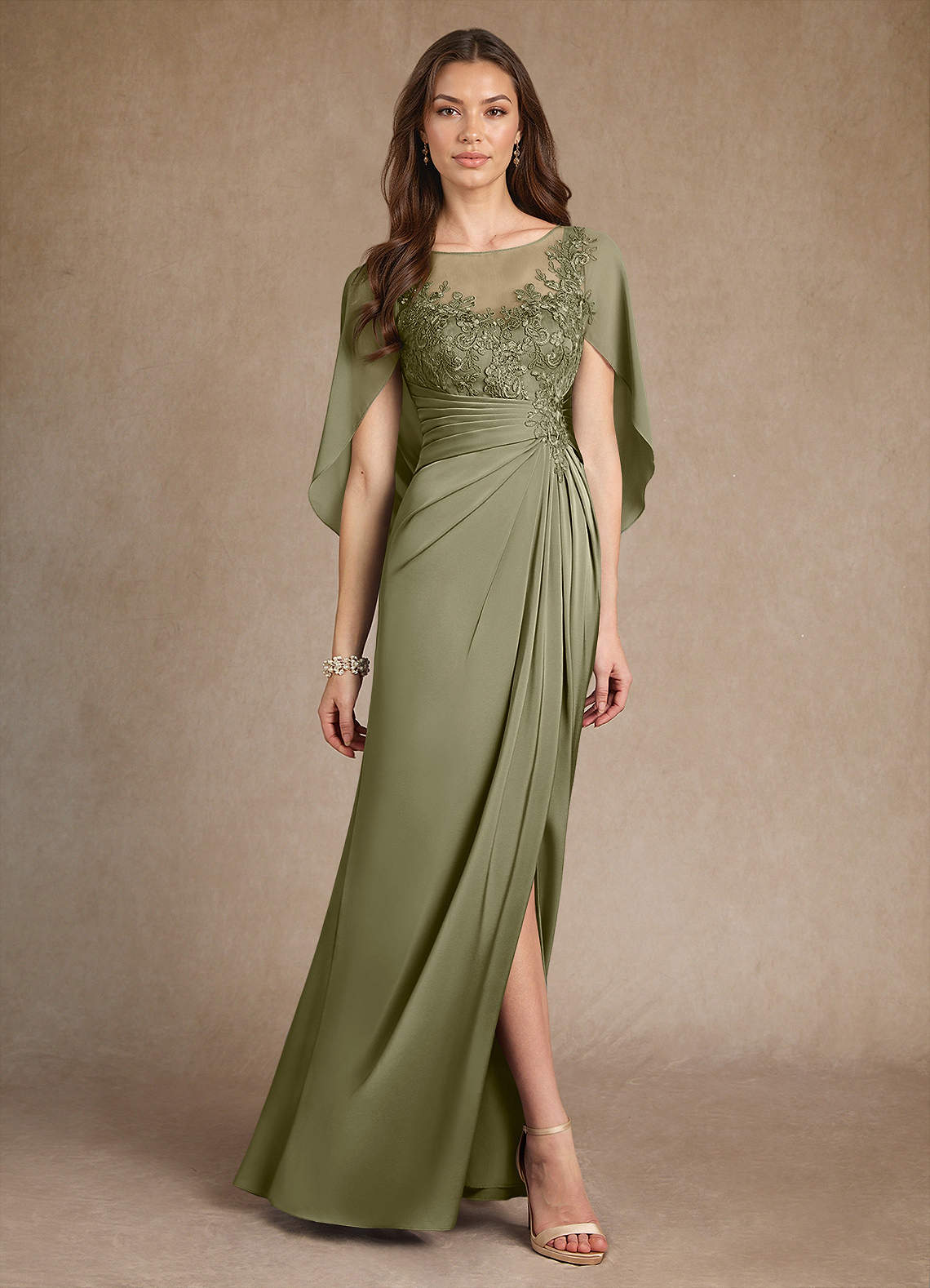 Azazie Hera Mother of the Bride Dresses Pistachio A-Line Lace Stretch Satin Dress image3