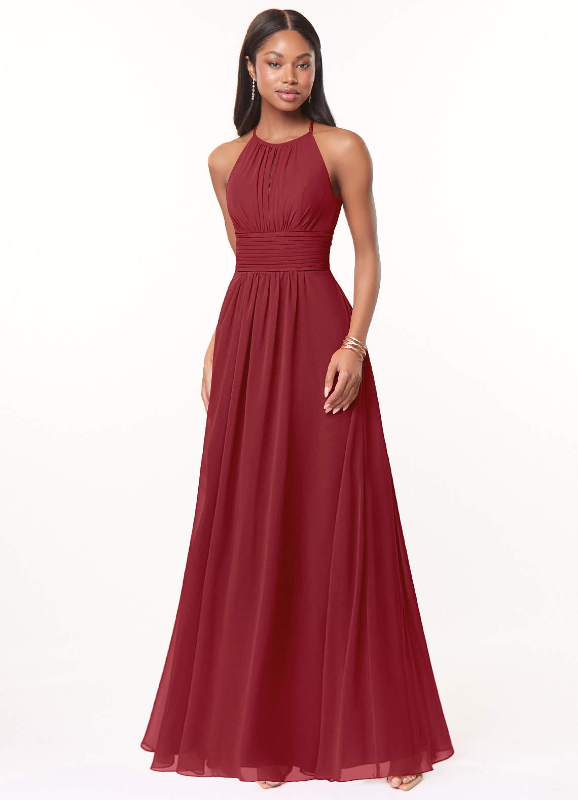 Azazie Bonnie Bridesmaid Dresses Pomegranate A-Line Keyhole Ruched Chiffon Dress image1