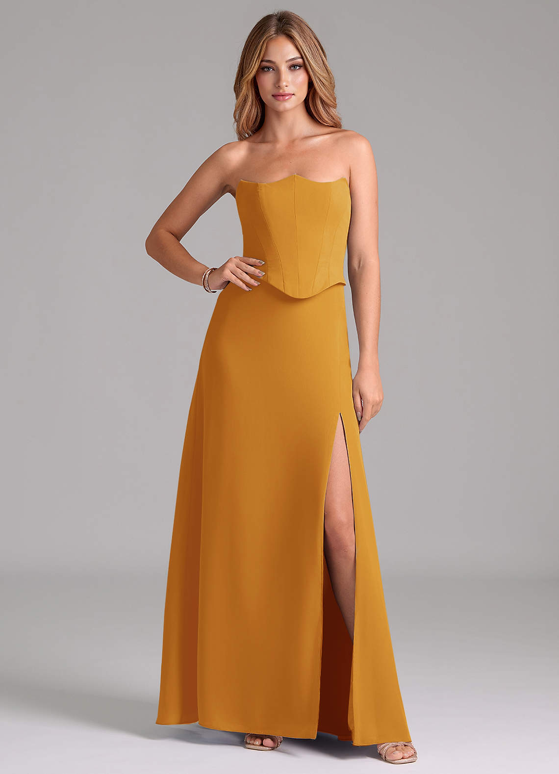Azazie Jenilyn Brautjungfernkleider A-Linie Schulterfrei Chiffon Kleid Butterscotch image1