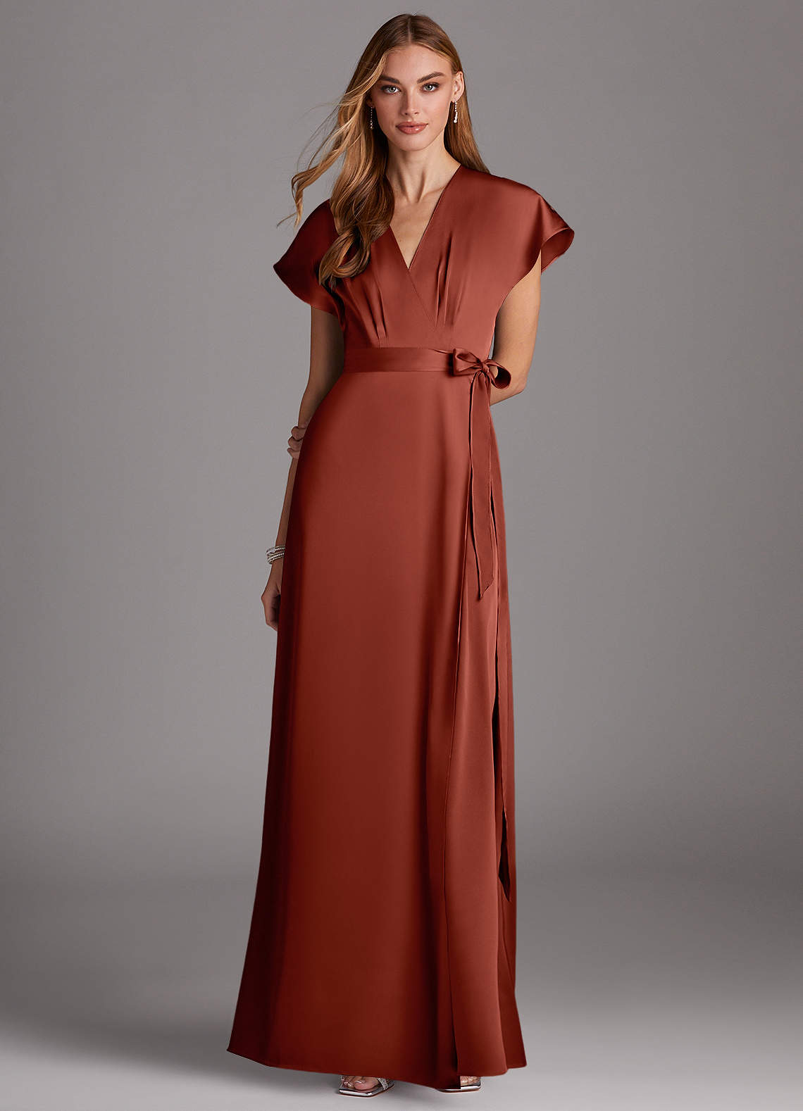 Azazie Nico Bridesmaid Dresses Terracotta A-Line V-Neck Stretch Satin Dress image1