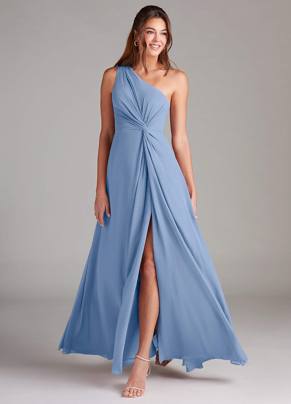 Azazie Brooke Bridesmaid Dresses Steel Blue A-Line One Shoulder Chiffon Dress image2