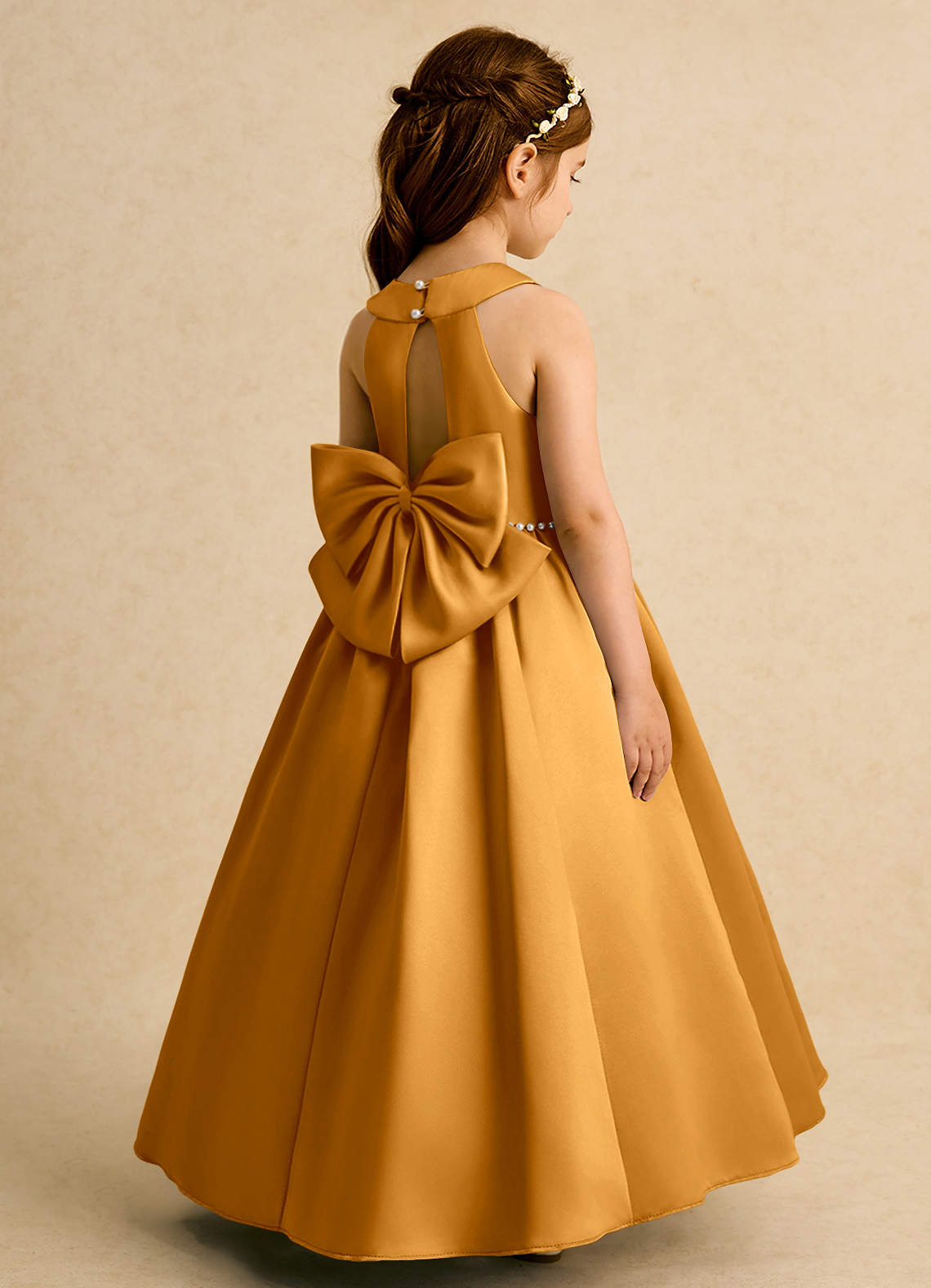 Azazie Daisies Flower Girl Dresses Butterscotch Ball-Gown Bow Matte Satin Dress image1