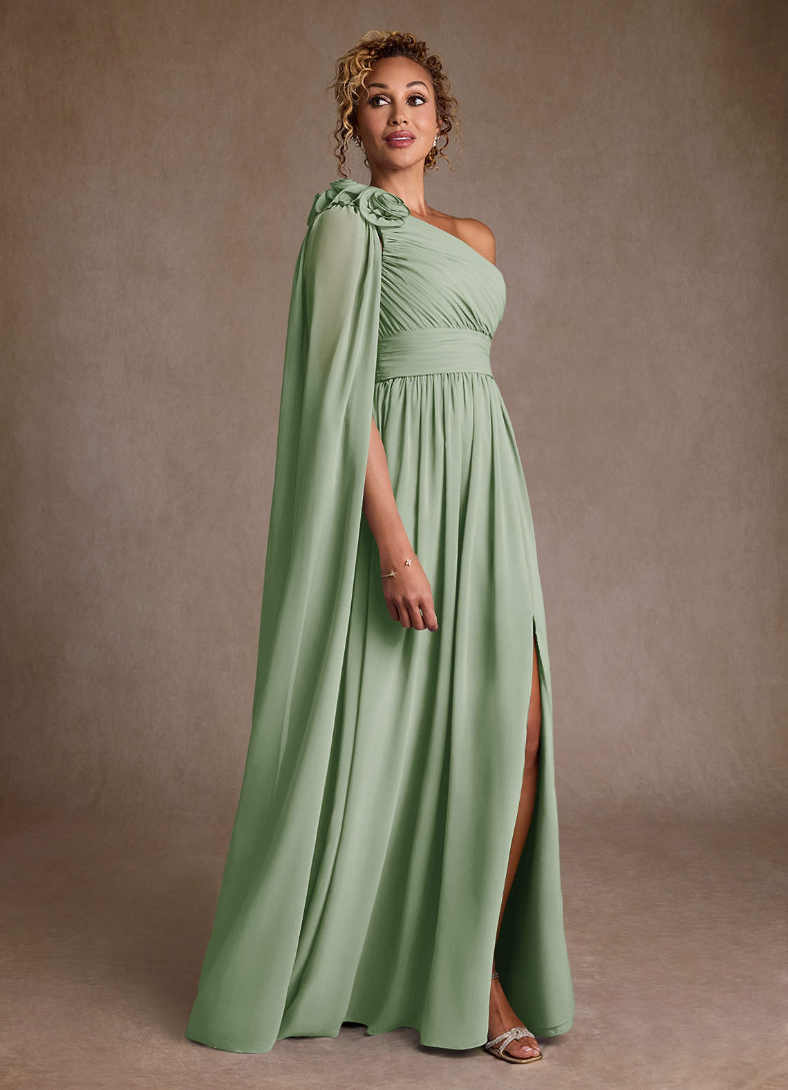 Azazie Lancaster Mère de la mariée Robes Robe Trapèze en Mousseline de soie Une épaule Vert Sauge image2