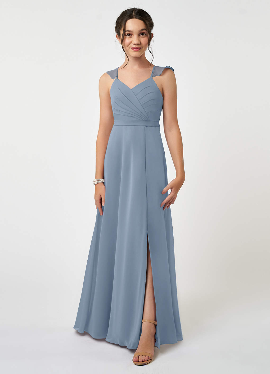 Azazie Emily Junior Dusty Blue A-Line Ruched Chiffon Dress image1