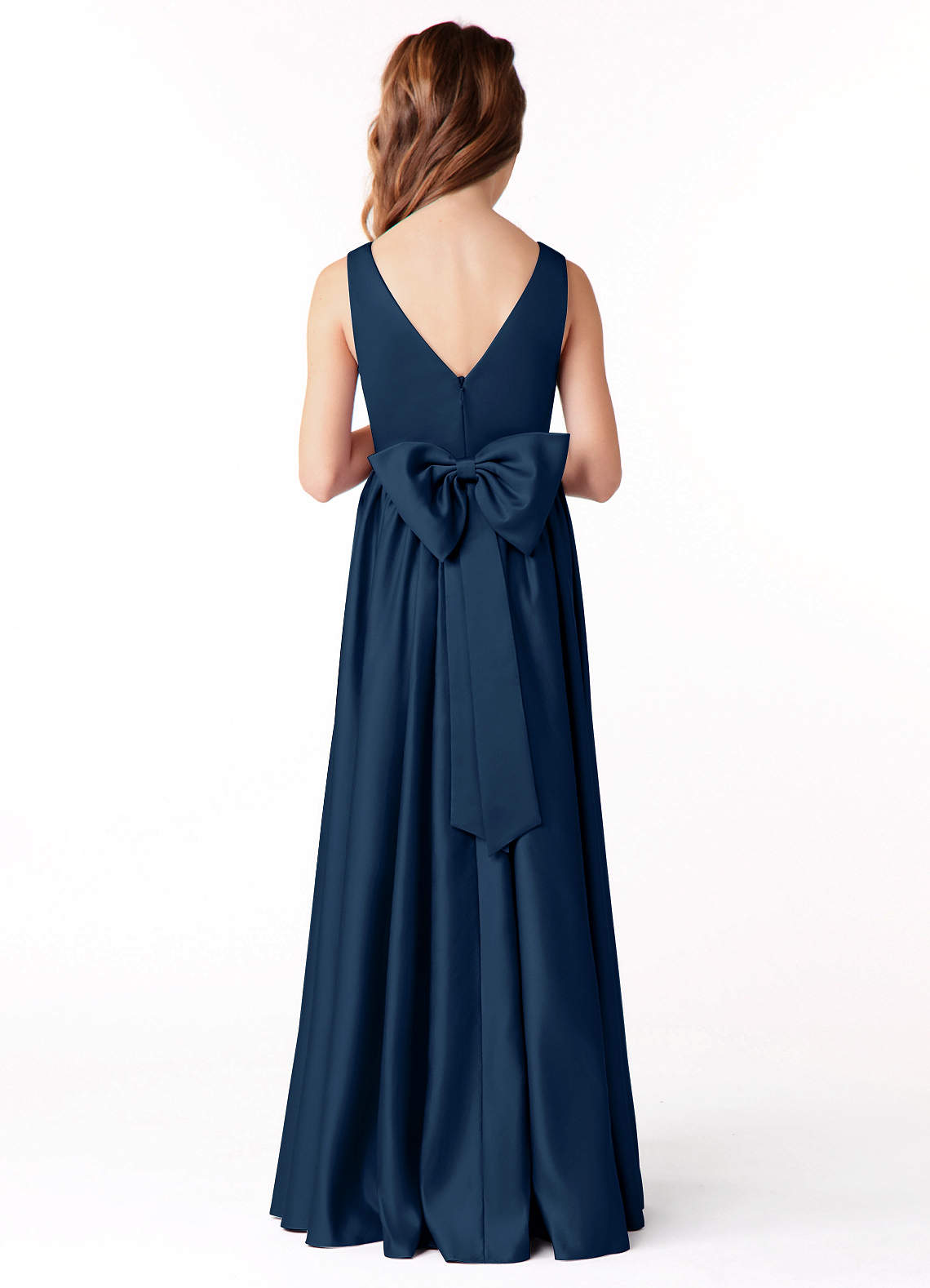 Azazie Hathaway Junior Dark Navy A-Line Bow Stretch Satin Dress image1
