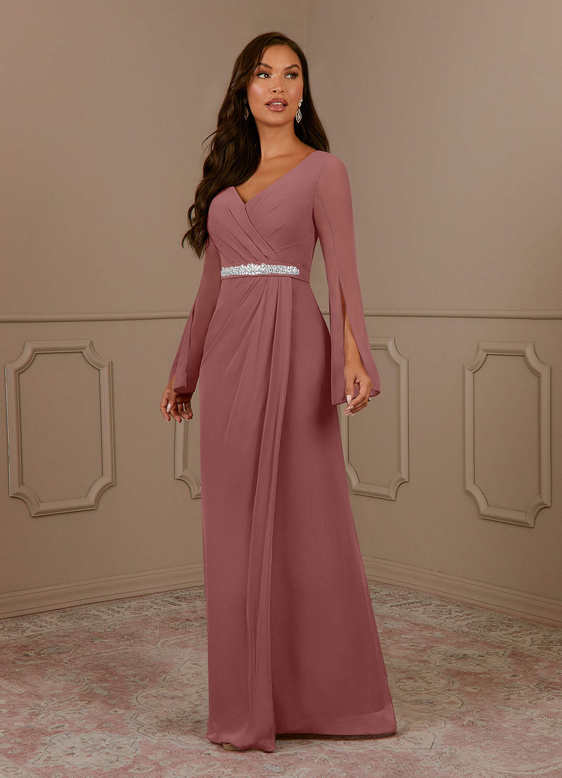 Azazie Belinda vestidos de madre de la novia Vestido de Rosa Del Desierto de Gasa de Corte En A con Cuello en V Plisado image1