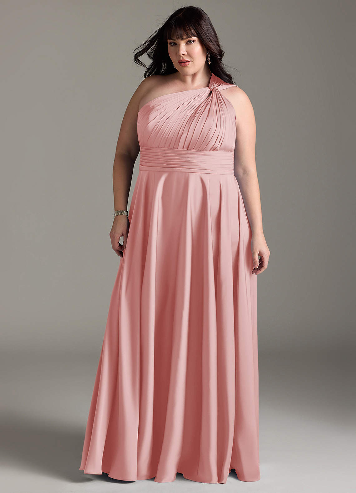 Azazie Charlize Robes de demoiselle d'honneur Robe Trapèze en Satin extensible Une épaule Rose Poudré image12