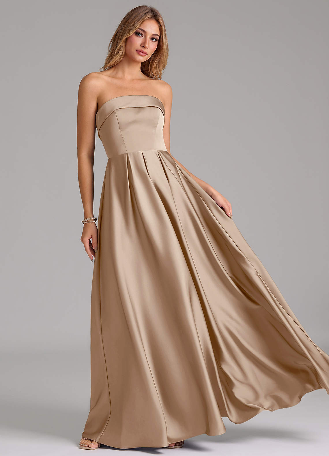 Azazie Lucienne Taupe Stretch Satin Bridesmaid Dresses | Azazie
