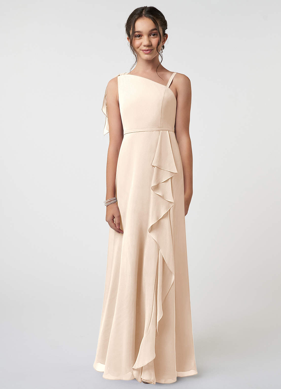 Azazie Aidy Junior A-Linie Schleifen Chiffon Kleid Alabaster Weiß image1