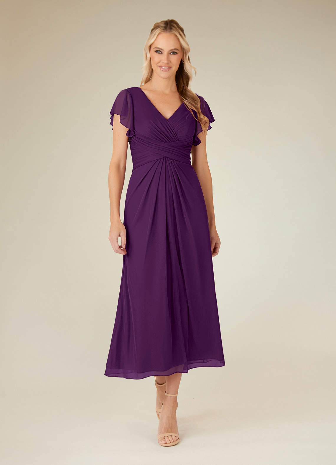 Azazie Vera Mother of the Bride Dresses Grape A-Line V-Neck Pleated Mesh Dress image1